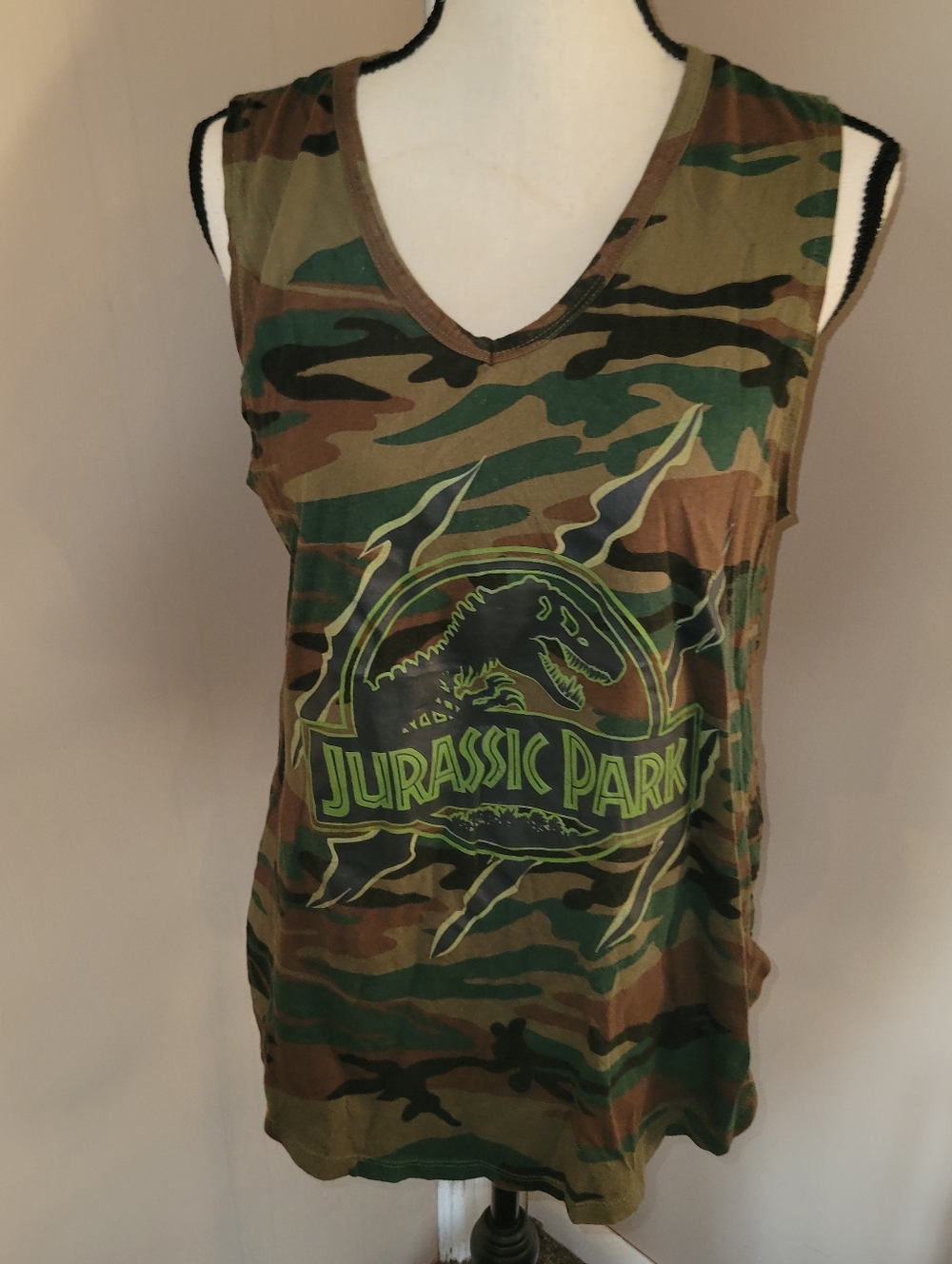 Universal Jurassic Camo V-Neck Tank Top in Green and Brown